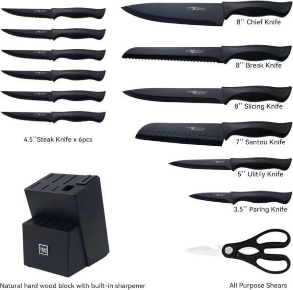 Knife Set, HUNTER.DUAL 15 Pcs Kitchen Knife Set with Block Self Sharpening, Dishwasher Safe, Anti-slip Handle, Black - Image 4