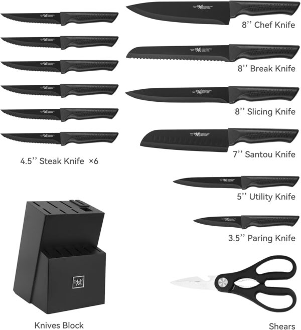 Knife Set, 15 Pcs Kitchen Knife Set with Block Self Sharpening, Dishwasher Safe, 6 Steak Knives, Anti-slip handle, Black - Image 4