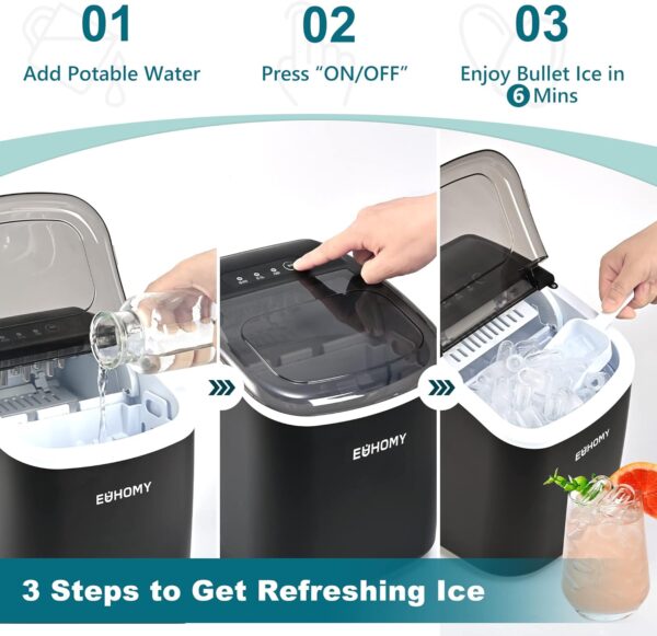 EUHOMY Countertop Ice Maker Machine with Handle, 26lbs in 24Hrs, 9 Ice Cubes Ready in 6 Mins, Auto-Cleaning Portable Ice Maker with Basket and Scoop, for Home/Kitchen/Camping/RV. (Black) - Image 2
