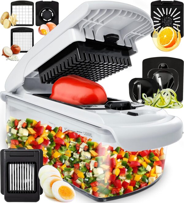 Fullstar Vegetable Chopper and Spiralizer - Food Chopper with Container, Fruit Slicer, Kitchen Gadgets & Accessories, Home Essentials (8 in 1, White)