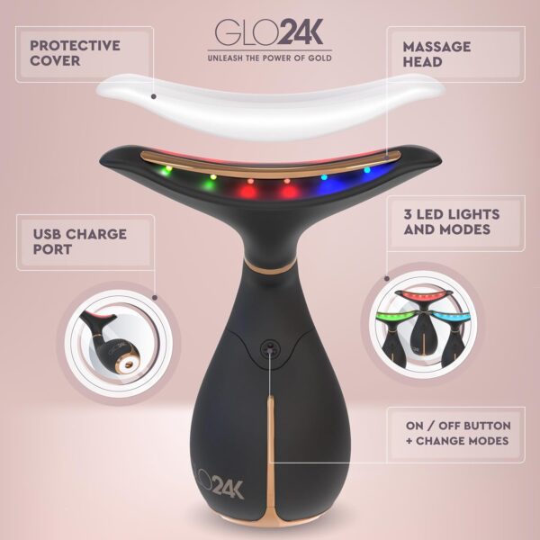 GLO24K Red Light Beauty Device for Face and Neck. Based on Triple Action L E D, Thermal, and Vibration Technologies. - Image 2