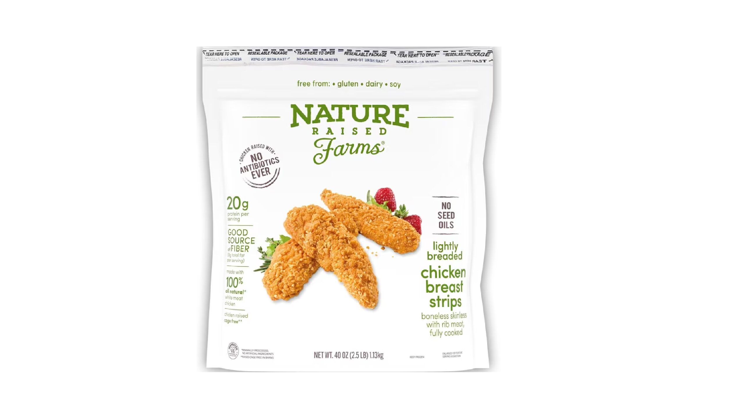Nature Raised Farms Fully Cooked Lightly Breaded Chicken Breast Strips, Frozen, 2.5 lbs.